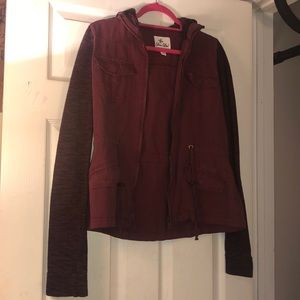 Maroon denim material Jacket with knit sleeves